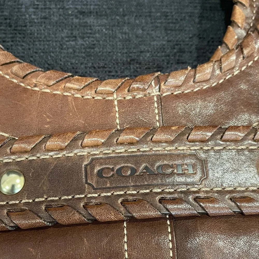 Coach Brown Braided Leather Shoulder Tote with Horsebit Accent - Picture 6 of 13
